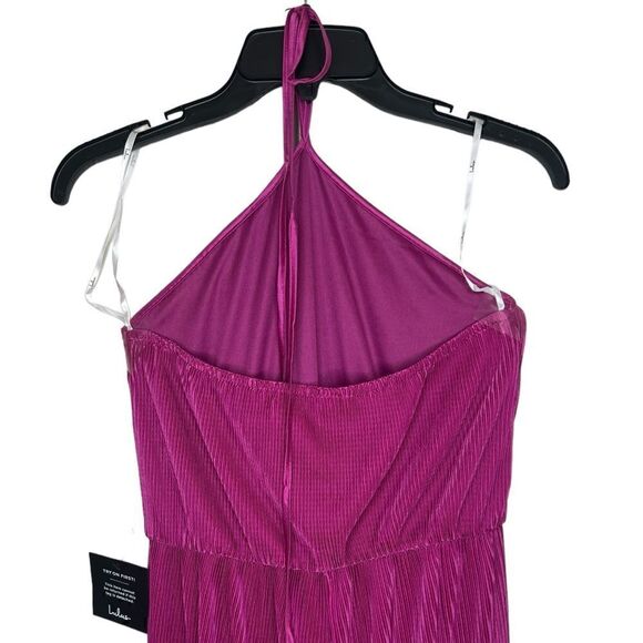 Lulu’s Fun Perfection Magenta Barbiecore Satin Plisse Wide-Leg Halter Jumpsuit - Picture 7 of 10